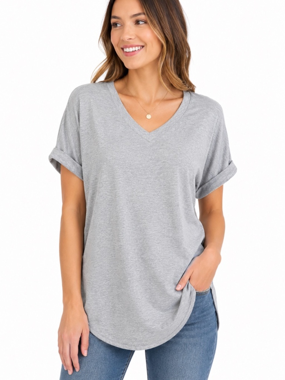 Cupio Gray Heather V-Neck Rolled Sleeve Top Medium